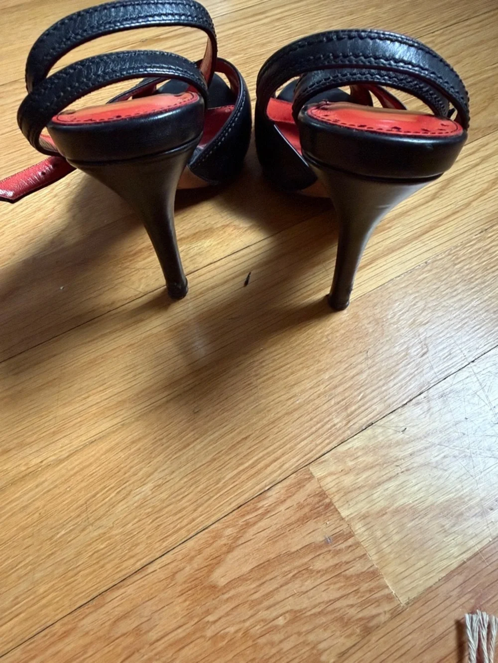 Saint Laurent Black Leather Crisscross Open-Toe Heels with Red Insole - Picture 2 of 6